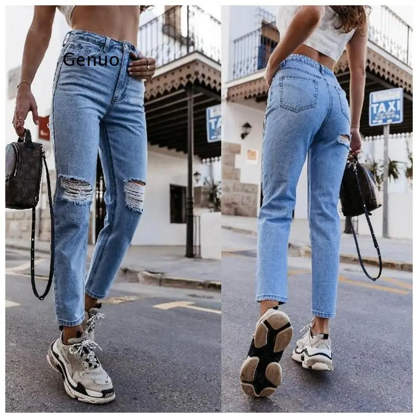 

Женские джинсовые брюки с дырками, облегающие джинсы, женские модные эластичные потертые эластичные брюки-карандаш, синие износостойкие дешевые брюки, распродажа