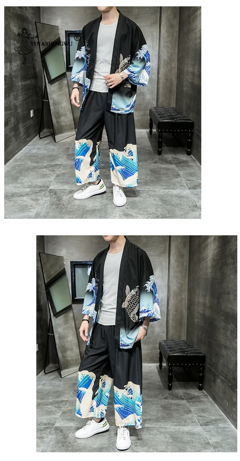 Традиционное японское кимоно, повседневный Свободный Тонкий комплект пальто и брюки, азиатская одежда, Harakuju, винтажное кимоно с принтом, кардиган для мужчин