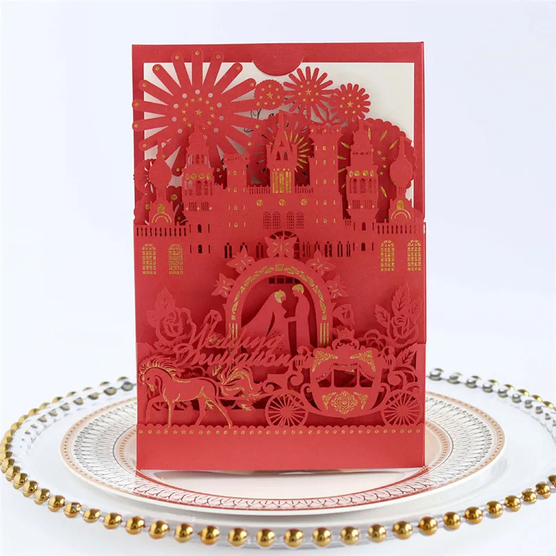  Popular Wedding Invitations 3D Card Elegant Bride and Groom Castle Wedding Favors Laser Cut Envelop - 4.00026E+12