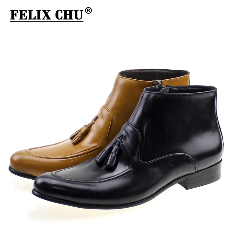FELIX CHU Mens Dress Boots Genuine Leather Ankle Boots High Top Lace-up Classic Casual Fashion Boots for Men