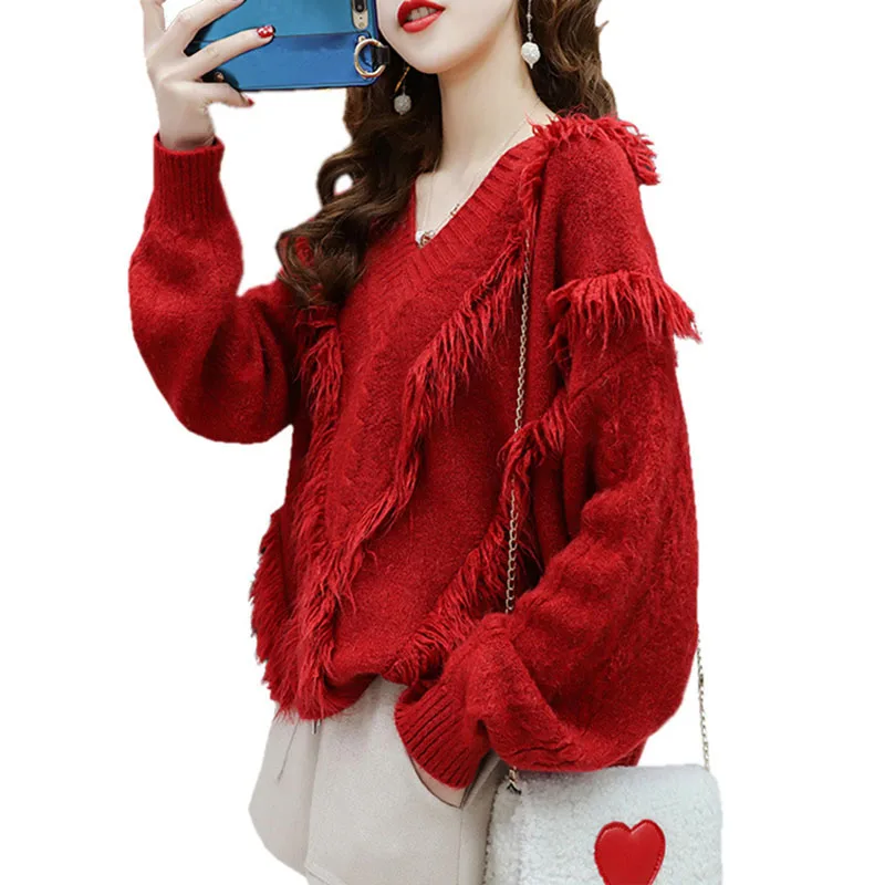 

New Women's Knitted Sweater V-neck Femme Elasticity Pullovers Tassel Loose Lazy Wind Sweater Autumn And Winter