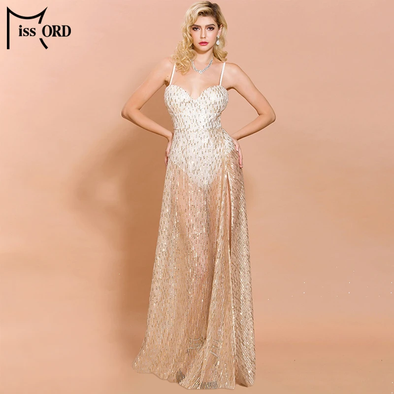 

Missord 2020 Women Sexy Off Shoulder Sequin Dresses Female Elegant High Split See Through Maxi Elegant Dress FT19830