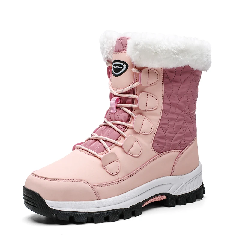 

2019 Fashion Winter Shoes Woman Pink Leather Boots Women Platform Snow Boots Lace Up Flat with Fur Warm Hot Sale Large Size
