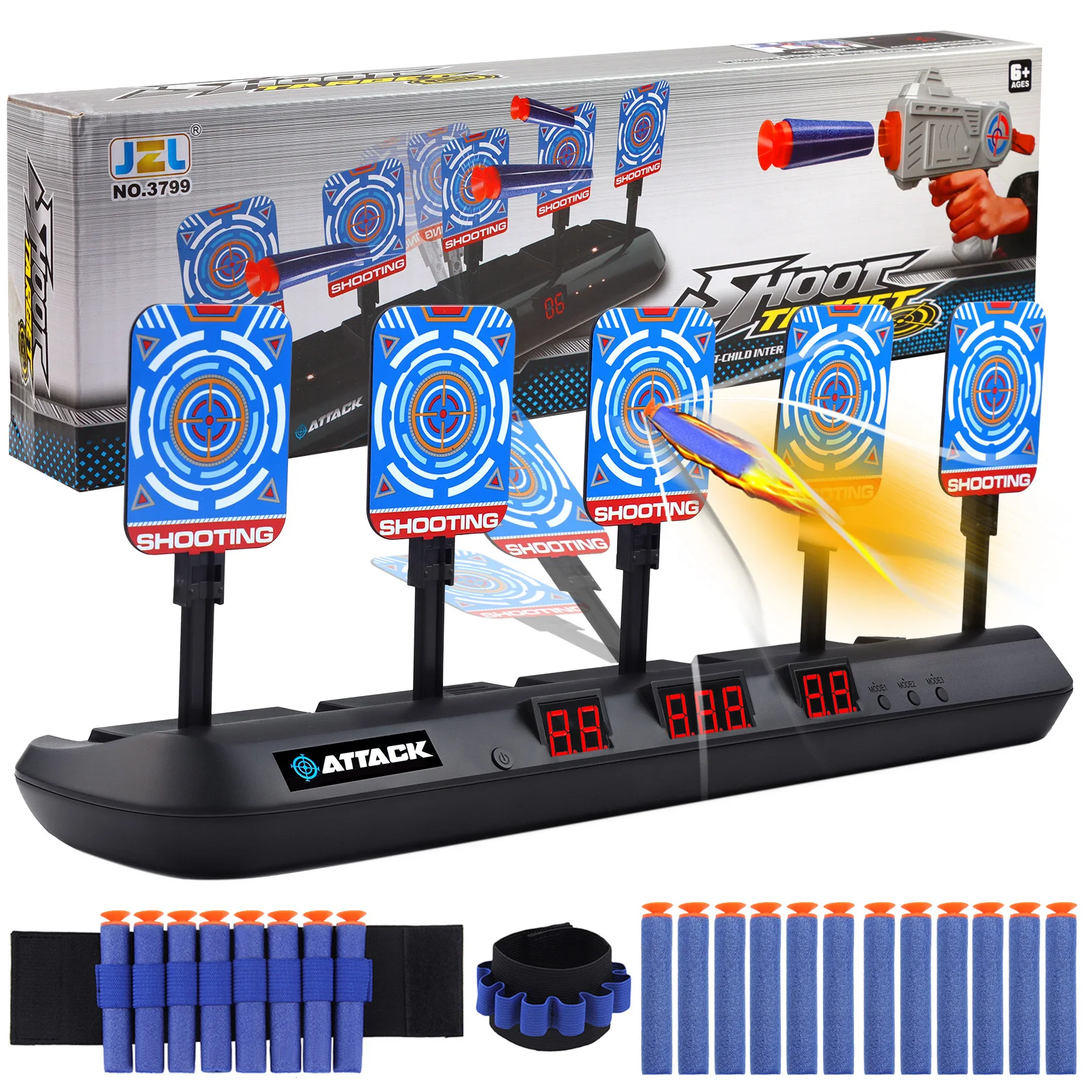 

5-Bit Auto-Reset Electric Scoring Target Toy with 2PCS Wristbands 20PCS Refill Darts Light Sound Effect for Nerf Shooting Game