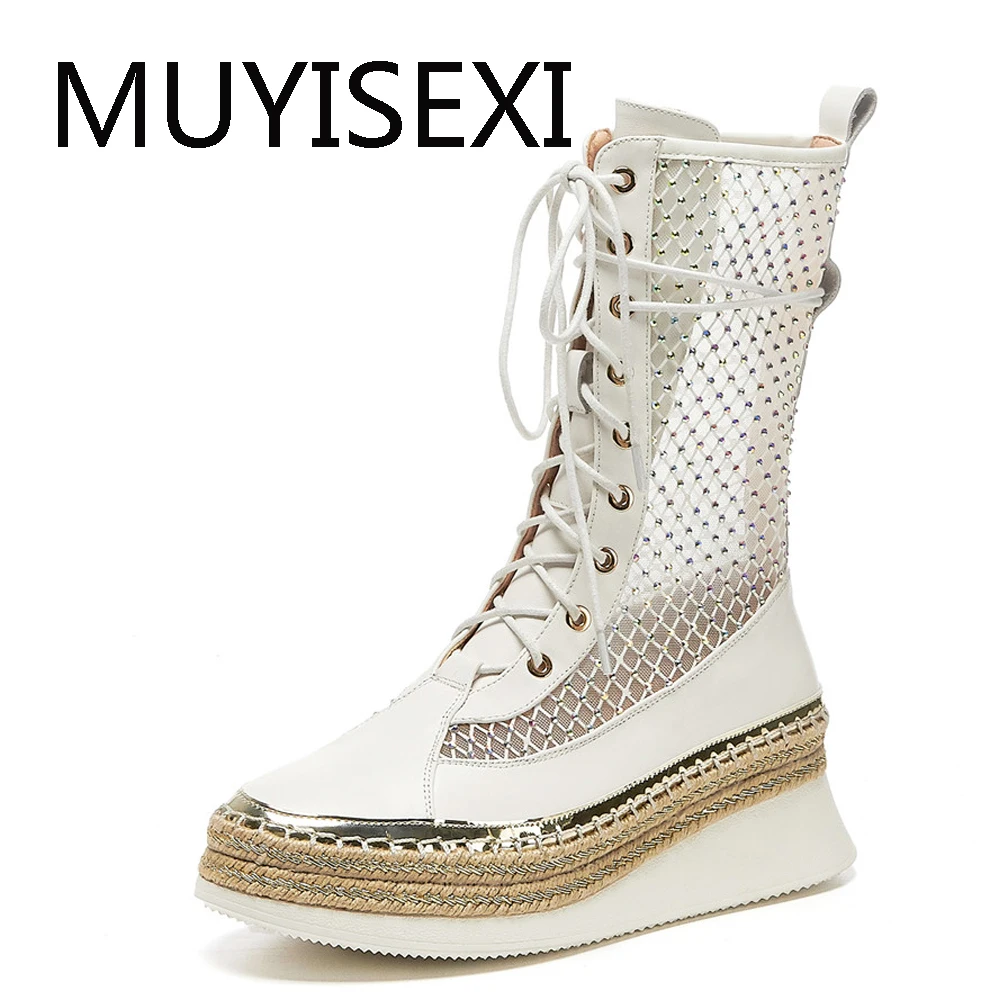 Женские летние ботинки DU06 muyisex белые дышащие сетчатые короткие на плоской