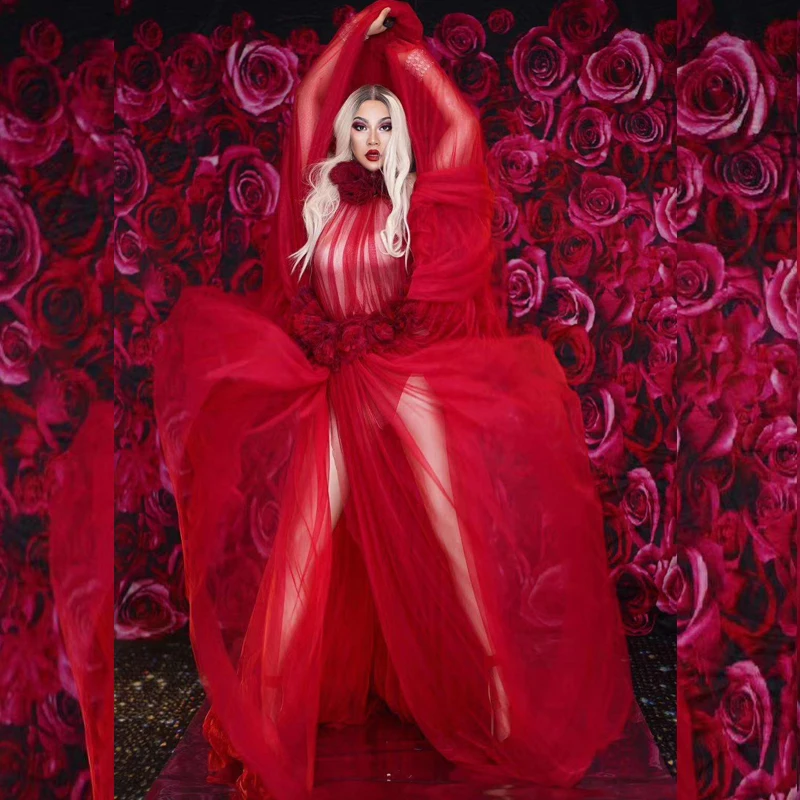 Ночной клуб певец/танцор сексуальный перспективный костюм для мужчин/женщин красный цветок кружева представление сценическое платье Rave наряд для вечеринки DT1351