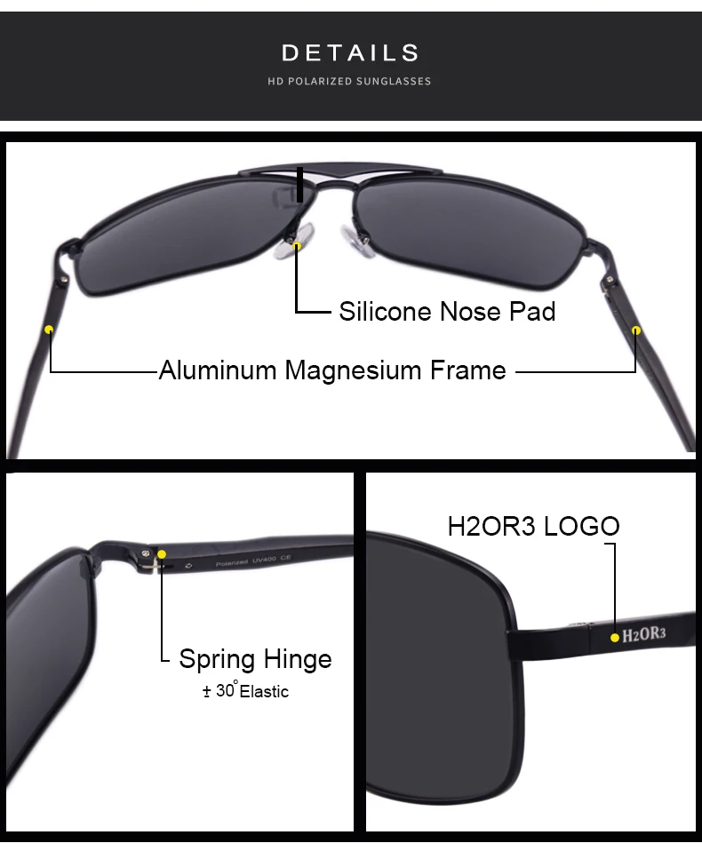 H2OR3 алюминиевые антибликовые очки мужские поляризованные солнцезащитные очки ретро квадратные вождения солнцезащитные очки мужские металлические очки зеркало UV400 2035