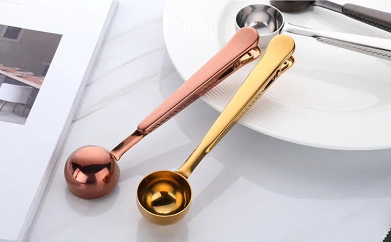 Multifunctional 2In1 Stainless Steel Coffee Measuring Scoop With Bag Clip Sealing Tea Measuring Spoon Scoop Durable Kitchen Tool
