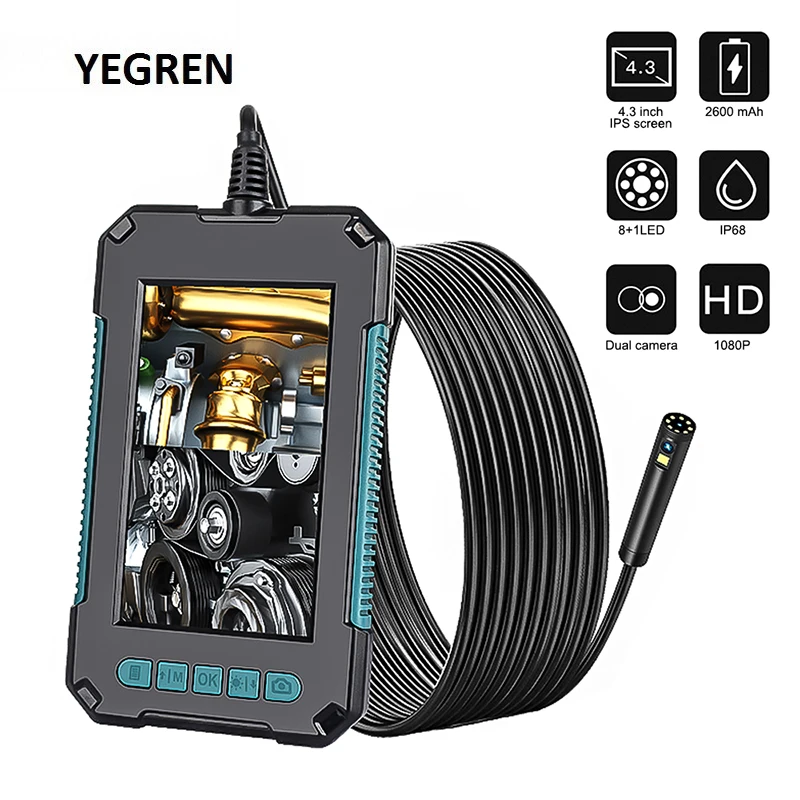 8mm de la cámara del endoscopio IP67 impermeable Industrial boroscopio Con 4,3 “HD pantalla LED Cámara de Inspección de Tuberías duro Cable de endoscopio