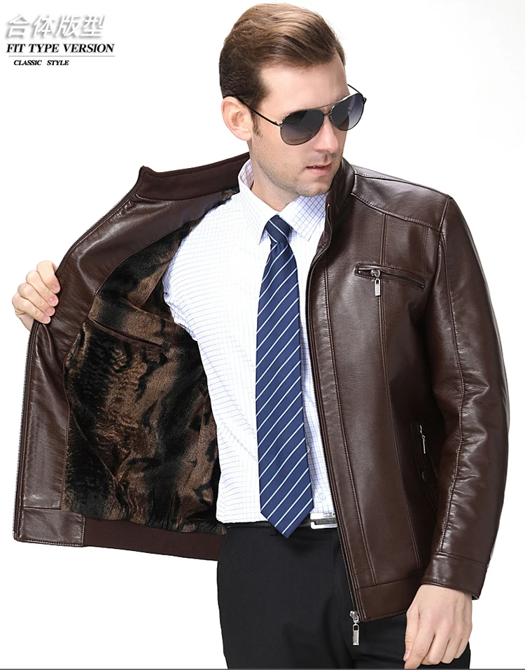 Brand MEN'S Leather Coat Men's Stand Collar Autumn And Winter Middle-aged Casual Loose-Fit Leather Jacket Daddy Clothes