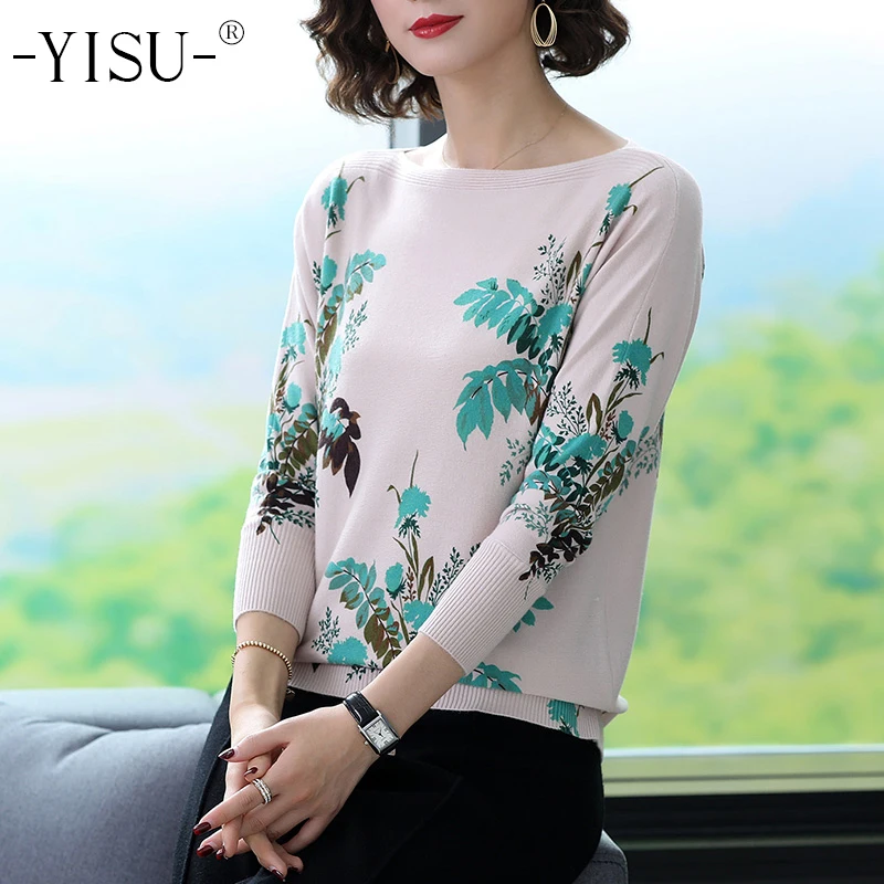 

YISU Women Sweater 2019 Autumn Winter Slash neck Pullovers Long sleeve flower Printed Large size sweater Loose Women Sweater