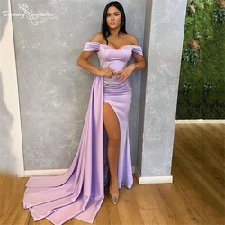 Lavender Prom Dresses Mermaid Lace Appliques Off the Shoulder High Slit Satin Formal Evening Dress Party Gowns Vestido De Fiesta