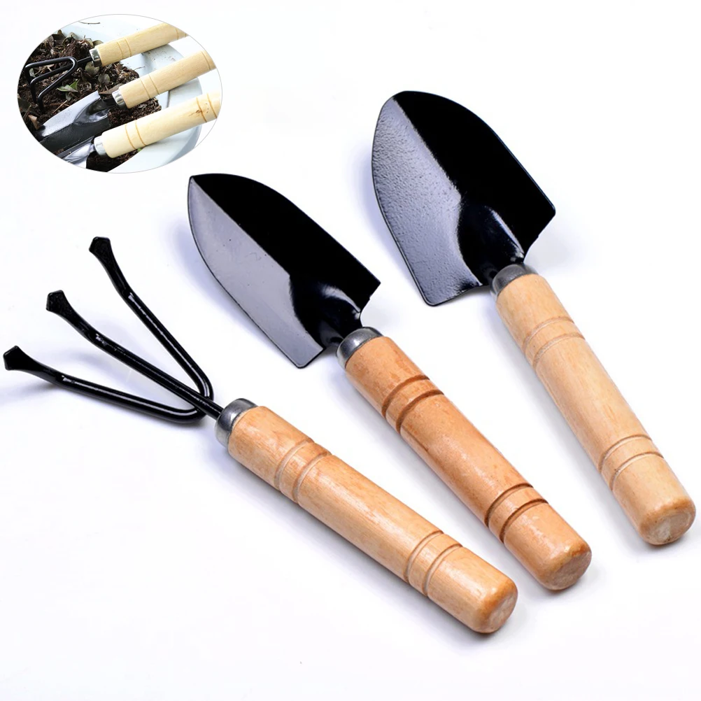 3 unids/set Mini herramientas de jardinería mango de madera de acero inoxidable plantas pala rastrillo pala para flores en maceta planta