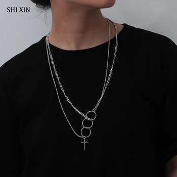 

SHIXIN Hip Hop Long Stainless Steel Chain with Cross Pendnat Necklace For Women/Men Punk Layered Necklaces Chain on Neck Jewelry