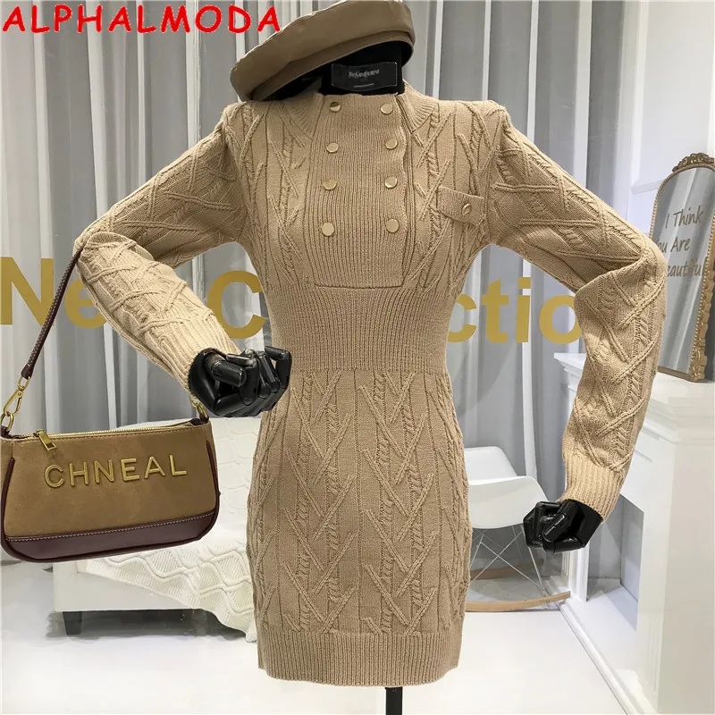 Женское трикотажное платье ALPHALMODA облегающее двубортное свитер с длинным рукавом