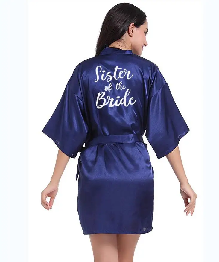Темно-синий халат белый пишущий кимоно атласный халат подружка невесты, сестра свадебные платья Свадебный лучший подарок Прямая - Цвет: navy sister  bride