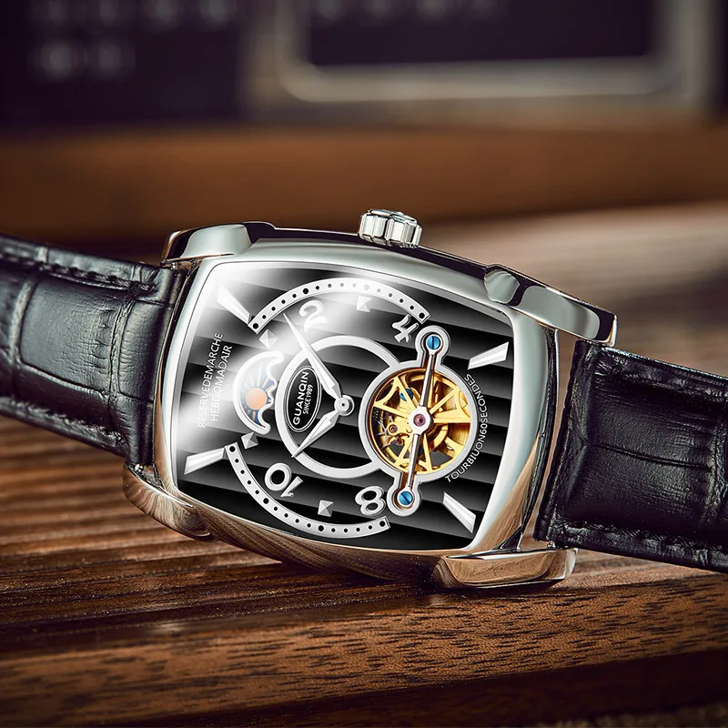 GUANQIN GJ16108 часы мужские люксовый бренд Tourbillon Moon фазный автоматический механический кожаный ремень Квадратные мужские часы