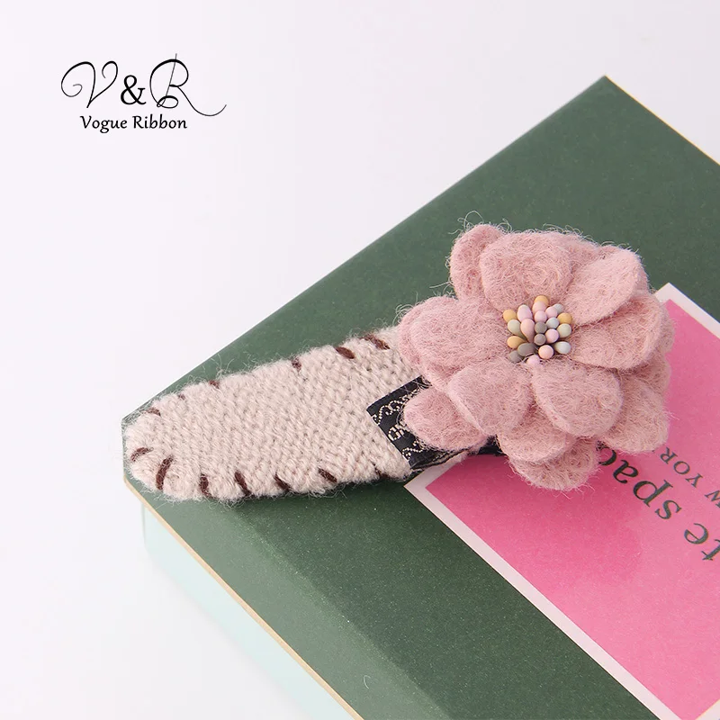 Autumn winter lovely light  rose flower with  woolen yarn hair clip hair accessories girl,  shiny black plated (4)