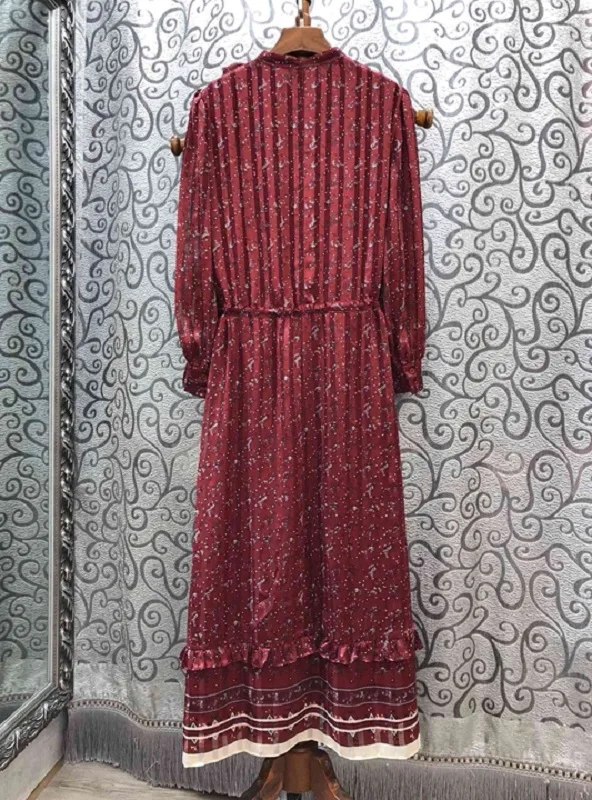 Элегантные вечерние длинные платья, осенняя Дизайнерская одежда, женское шикарное платье макси с длинным рукавом и рюшами, красное вино, вечернее платье