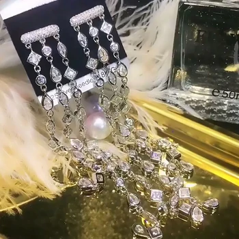 

Women's Banquet Luxury Fashion Long Geometric Tassel Drops Full Mirco Pave Cubic Zirconia Engagement Wedding Dangle Earrings Fas