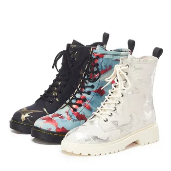 

Western Style Big Brand Retro Fashion Graffiti Matin Boots Casual High-Top Ankle Booties 8 Hole Strap Thick Bottom Women Shoes