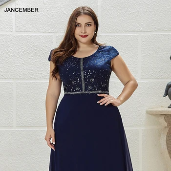 

JANCEMBER EP00533 Small Cap Sleeve Round Neck Navy Pearl Chiffon Hot Rhinestone Large Size Evening Dress 2020 abiye elbiseler