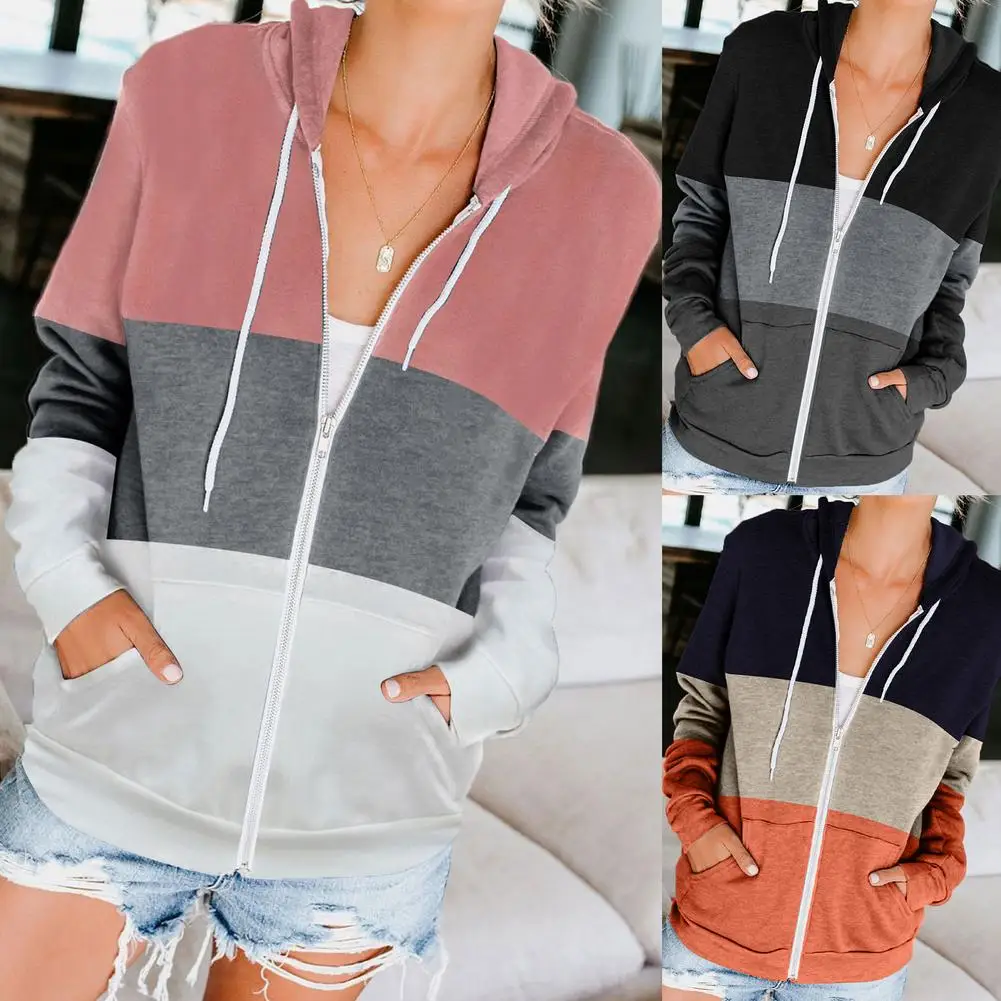 Women's Hooded Jacket Color Contrast Striped Long Sleeve Sweater Zipper Pocket Cardigan Casual Sports Hoodie Autumn Clothing 1