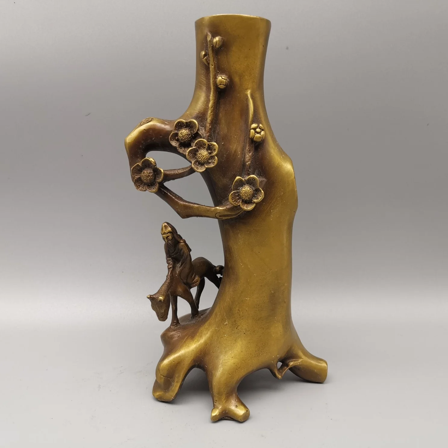 

Изысканная старинная китайская латунная ручка с ручкой из дерева сливы ручка контейнер статуя