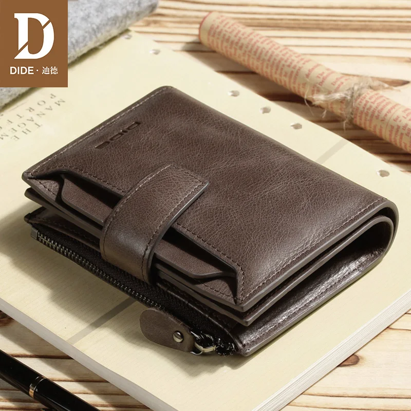 DIDE-monedero Vintage de cuero genuino para hombre, billetera corta de piel de vaca con cremallera, tarjetero de café, caja de regalo