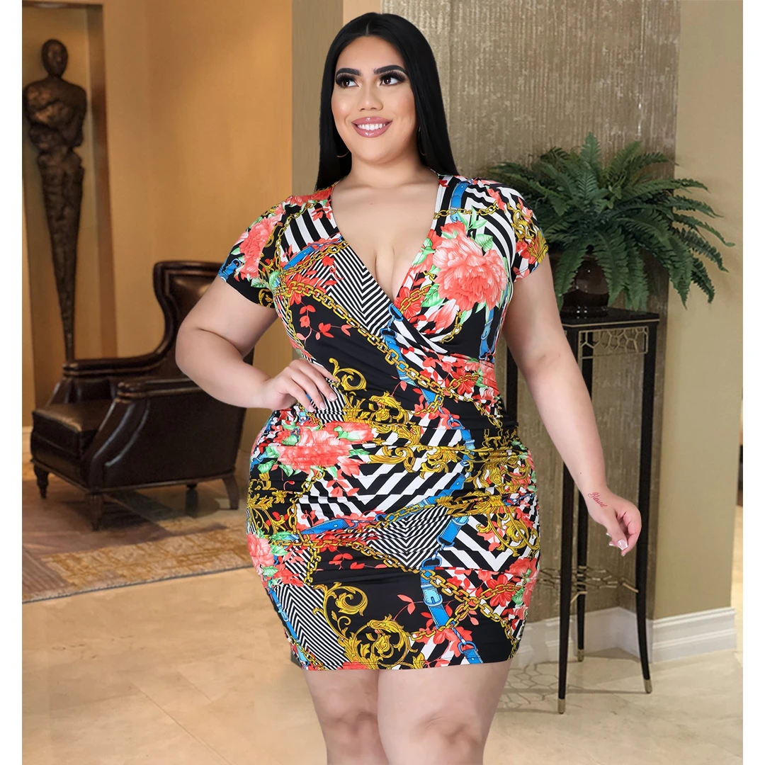 Vestido de talla grande para mujer, Sexy con cuello en V, estampado de flores y cadena dorada, ropa de salón holgada de tela ancha, venta al por mayor, 5XL|Plus tamaño