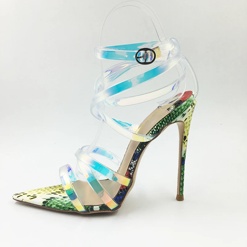 

New Snake Print Leather Colorful Cross Straps Pointy Toe High Heels Sexy Gladiator Women Sandals