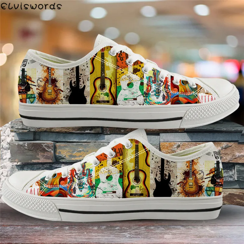 

ELVISWORDS New Fashion Women Vulcanized Shoes Music Guitar 3D Print Breathable Canvas Flats for Students Light Lace-up Sneakers
