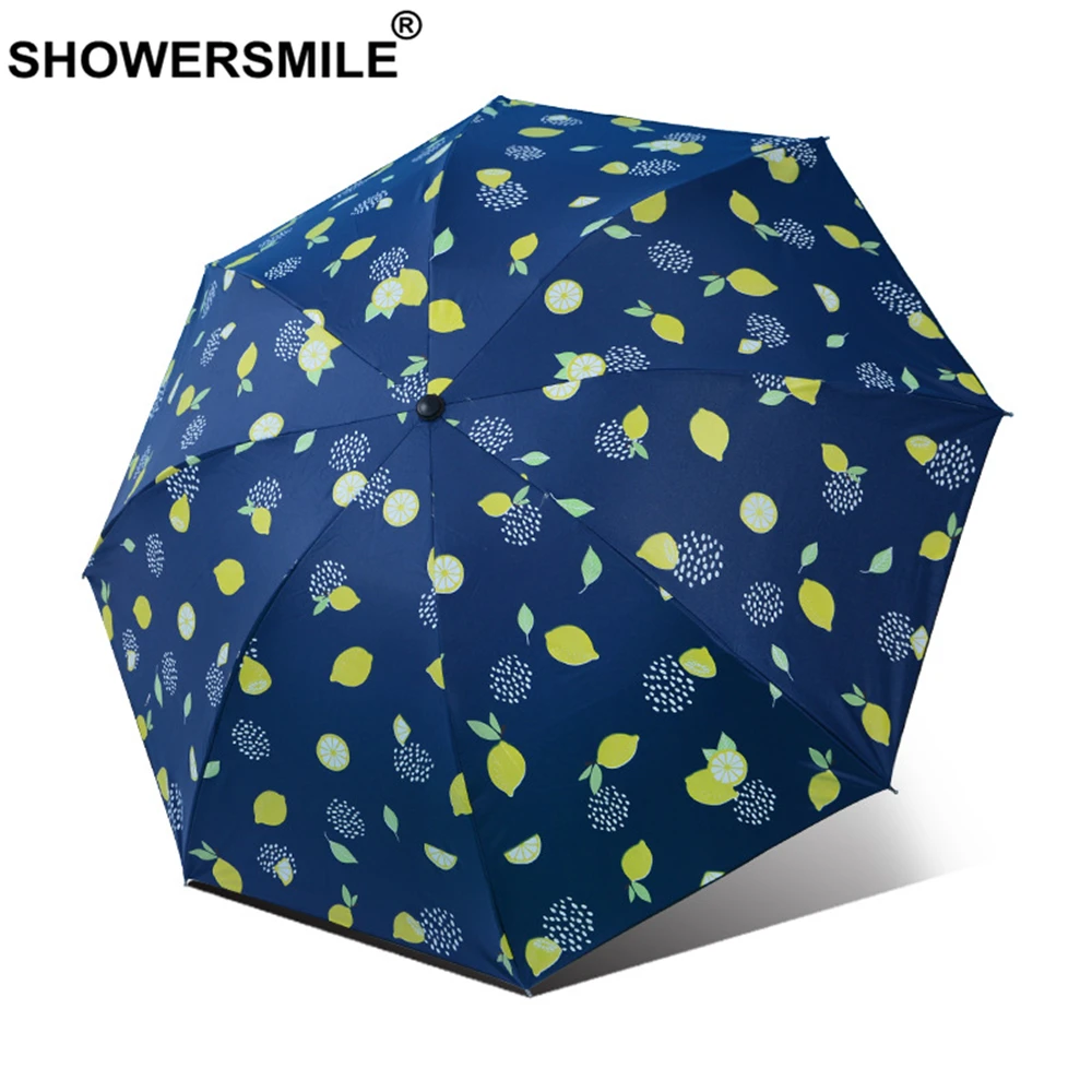 

SHOWERSMILE Fruit Print Women Pencil Umbrella Manual Lemon Portable Sun Umbrella Female Cute Folding Blue Pink Bumbershoot