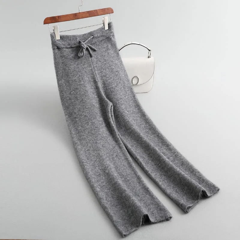 

J302 New Arrival Design Autumn Winter Warm Adjustable Waist Wide Leg Sweater Pants Solid Color Soft Knitwear Trousers
