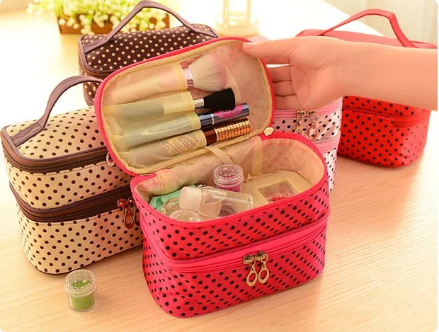 Women Polyester Waterproof Travel Make-up Bag With Mirror Dot Pattern Double Layer Large Capacity Portable Makeup Handbags | Багаж и сумки