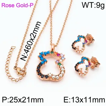 

Titanium Steel Bear Necklace Earring Set Colorful Diamond Pearl Set Gold Rose Gold Jewelry Bear Necklace