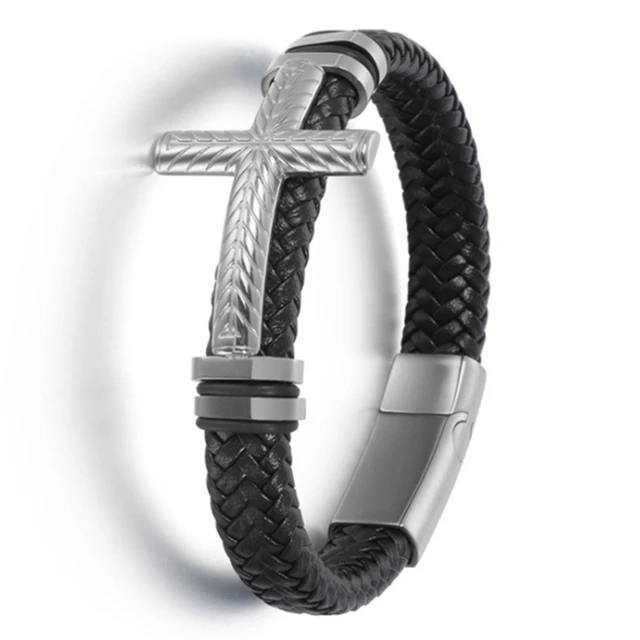 Classic Black Leather Wrap Bracelet for Men Metal Magnetic Clasp Fashion Bangle Bracelet Birthday Gift A14807-Silver-23cm