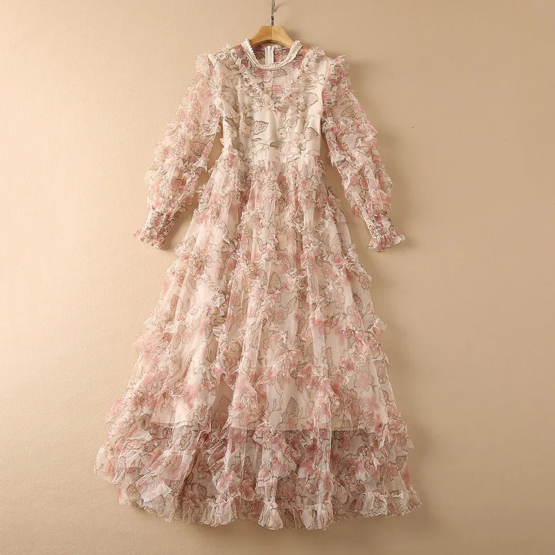 

Женская одежда в европейском и американском стиле, Новинка осени 2022, модное розовое платье с длинными рукавами-фонариками, цветочной вышивкой и бусинами