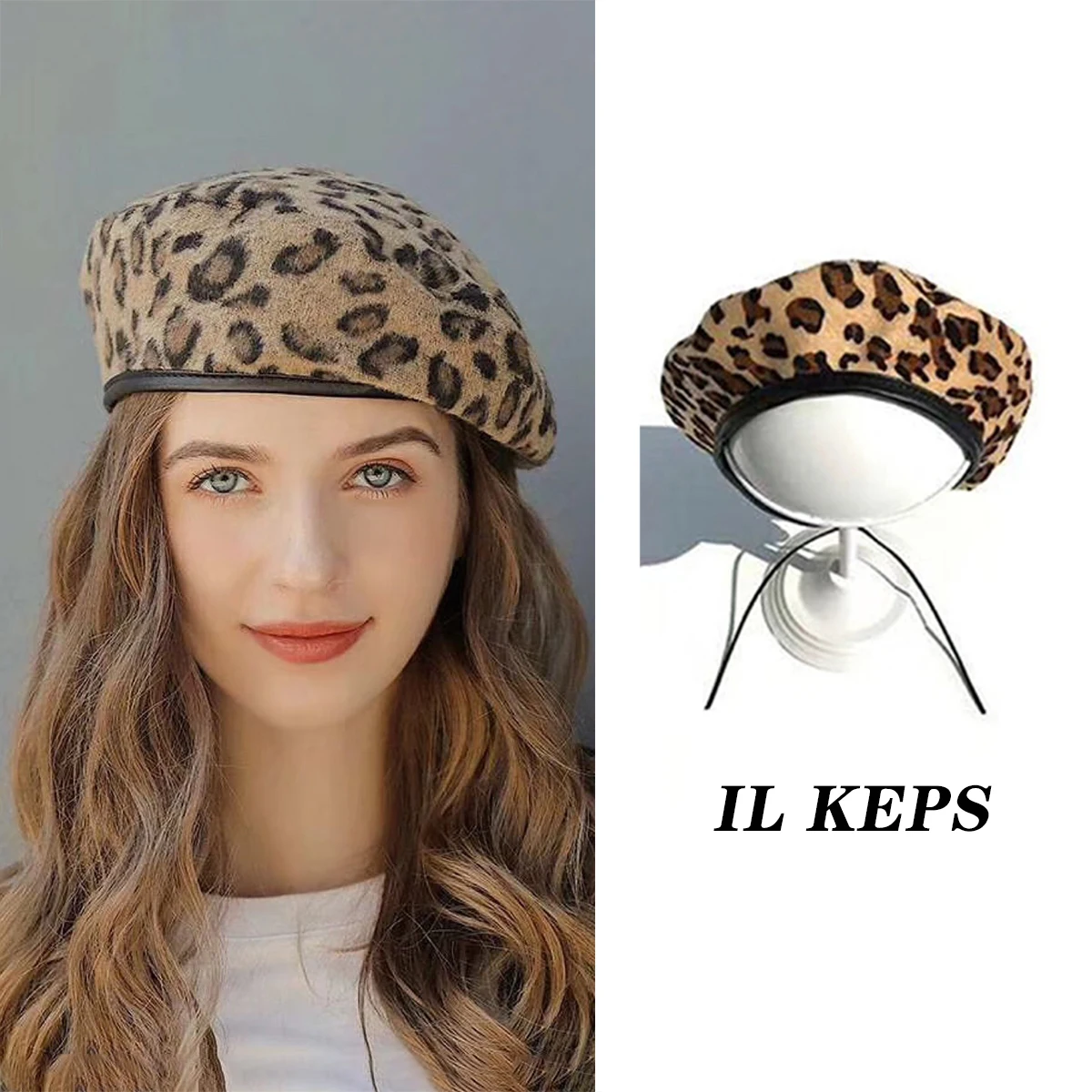 Women beret winter cute vintage leopard felt woolen hat