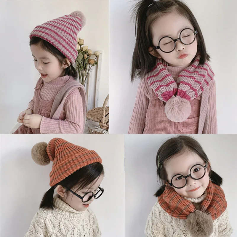 

2019 Children's new hat scarf dual-use cute baby knitting scarf student wool hat hair ball warm scarf kids scarves beanies