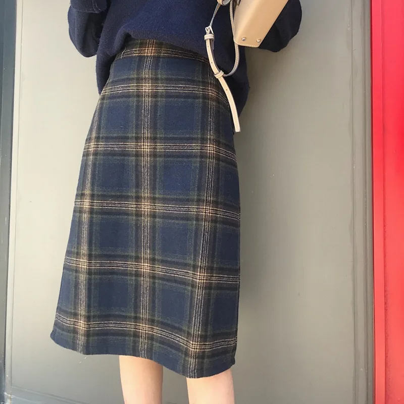 

Preppy Style Plaid High Waist Female Summer Autumn Slim Skirts Skirt A line Woolen Skirt Women Chic Long Skirts MM