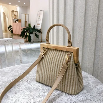

AUAU-New Retro Wool Handbag Wooden Top Handle Clip Bucket Bag Buckle Women Shoulder Messenger Bag Clutch Purse Female Bag