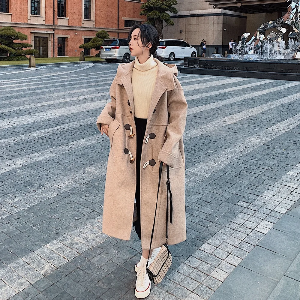 

Photo Shoot Laziness-Style Toggle Woolen Jacket 2019 Winter New Style WOMEN'S Dress Retro Long Hooded Woolen Overcoat