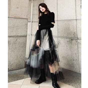 

Women 2020 Spring Summer New Style Elegant Temperament Contrast Color Retro Skirt Casual High Waist Mesh A Line Irregular Skirt