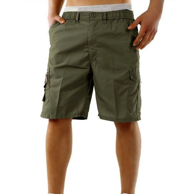 Green Повседневные свободные мужские шорты-карго с эластичным поясом и карманами, мужские повседневные шорты в стиле милитари с несколькими карманами - Цвет: Green