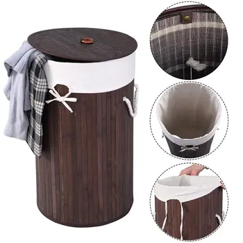 

Bamboo Folding Laundry Hamper, Round Basket Clothes Storage Sorter,with Lid Handles and Removable Liner