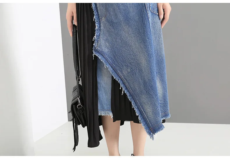 TVVOVVIN Denim Spliced Pleated Irregular High Waist Denim Half-body Skirt Black Women Fashion Tide New Spring Autumn B445