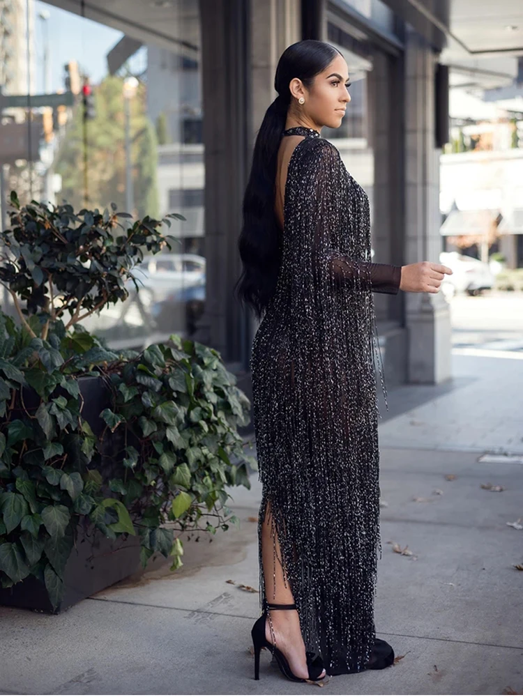Gold Black Fringes Long Dress Women Birthday Evening Party Dress Female  Singer Stage Costume Net Yarn Tassel Dresses Plus Size - AliExpress  200000532