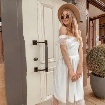 

Casual Summer Off The Shoulder Party Dress Lace Sexy Dot Print Midi Dress 2020 Boho Fashion Club Elegant