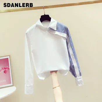 

2020 Spring New Korean Style Irregular Striped Panel Collared Long Sleeve Shirt Women's Leisure White Blouse Blue Strip Shirt
